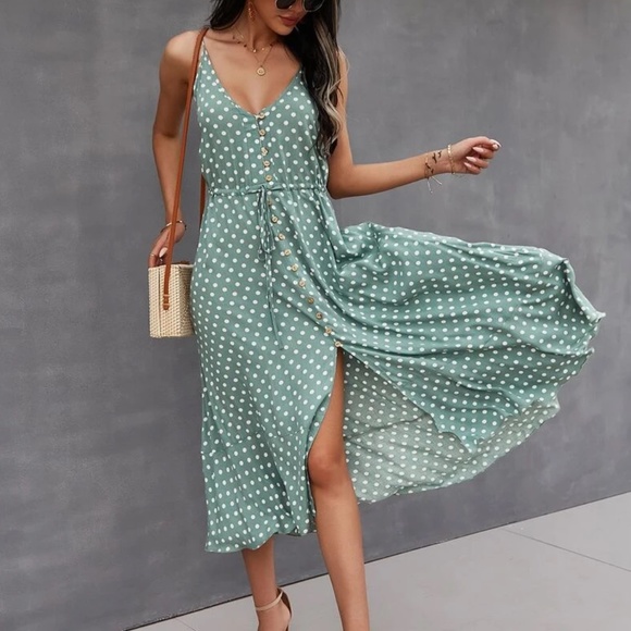 Button up v neck tie polka dot midi dress - Picture 4 of 16